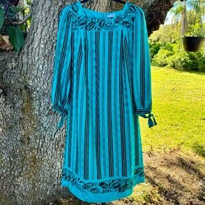 XL Vintage 80s Lorac Original Teal blue and black striped midi house dress.XL